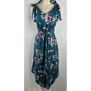 Teal Romper Floral Jumpsuit Womens Wide Leg Sleeveless Belt Sz XS Teal Purple